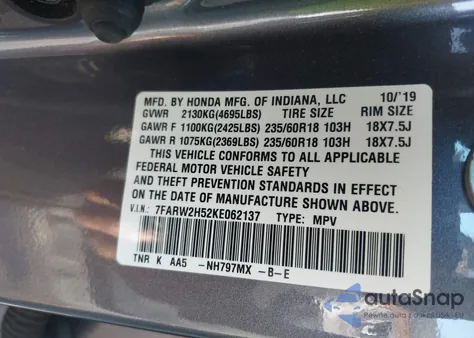 2019 Honda Cr-V Ex from USA, damaged, VIN 7FARW2H52KE062137